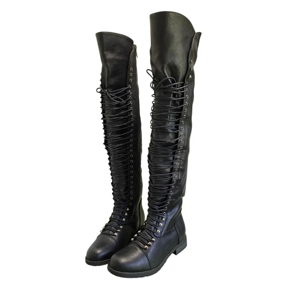 Herstyle Kristrrina Over The Knee Boots Women 8.5 Black Lace Up Lug Goth Grunge
